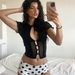 Women's Slim Fit Round Neck Puff Sleeve T-Shirt Sexy Hollow Out Mushroom Button Detail Solid Color Summer Top Style_ecoleips.com