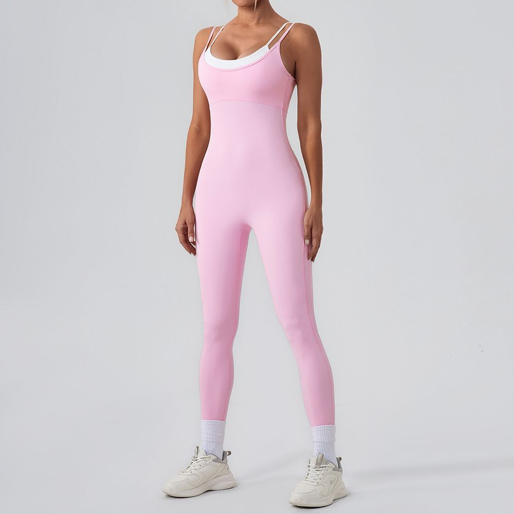 Printed V Neck Sleeveless Pleated Slit DressTwo Piece Contrast Color Sling Sports Jumpsuit One Piece Yoga Suit Backless Outdoor Fitness Jumpsuit_ecoleips.com