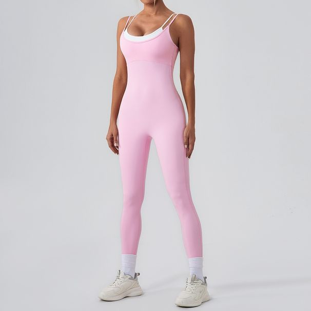 Printed V Neck Sleeveless Pleated Slit DressTwo Piece Contrast Color Sling Sports Jumpsuit One Piece Yoga Suit Backless Outdoor Fitness Jumpsuit_ecoleips.com