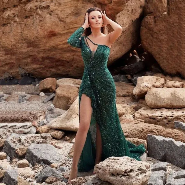 2024 New Designer Dress Dresses Sexy One Shoulder Sequin Dress Evening Party Women Elegant Solid High Split Backless Wedding Prom Maxi Fallow Dresses_ecoleips.com