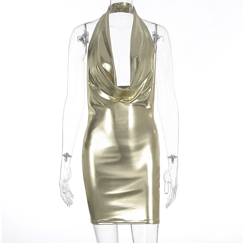 Solid Color Shiny Metallic Special Cowl Neck Sleeveless Halter Backless Bandage Bodycon Dress For Women Party Cocktail_ecoleips.com