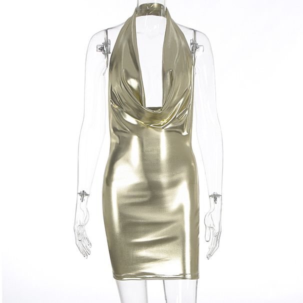 Solid Color Shiny Metallic Special Cowl Neck Sleeveless Halter Backless Bandage Bodycon Dress For Women Party Cocktail_ecoleips.com