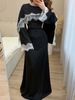 Elegant Abaya Dress With Lace Trim & Flared Sleeves – Modest Layered Tunic With Shawl_ecoleips.com