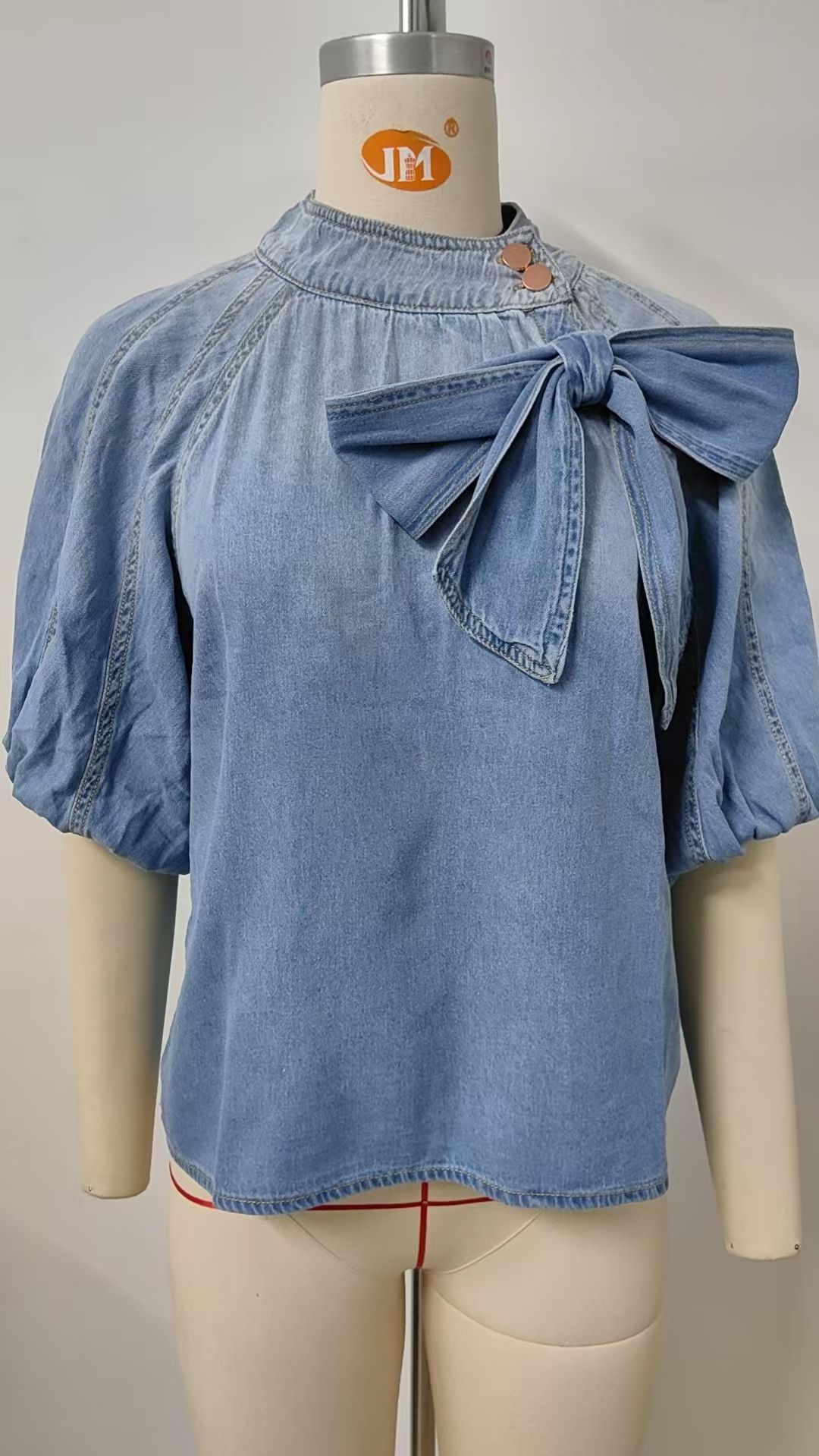 K New Retro Loose Collar Lace Up Denim Shirt With Bow Top For Women_ecoleips.com