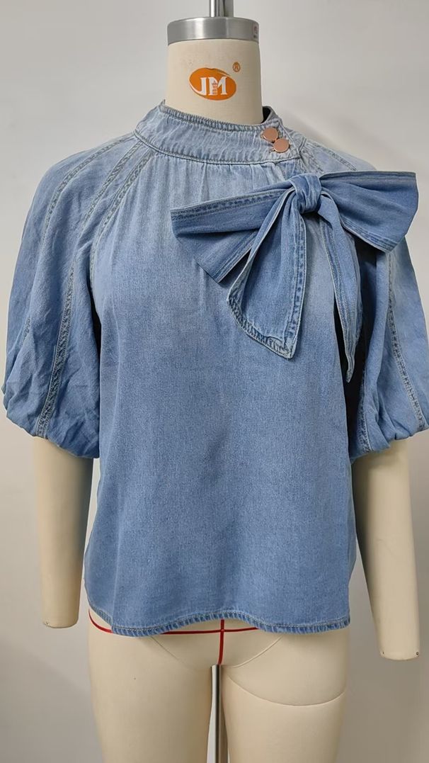 K New Retro Loose Collar Lace Up Denim Shirt With Bow Top For Women_ecoleips.com