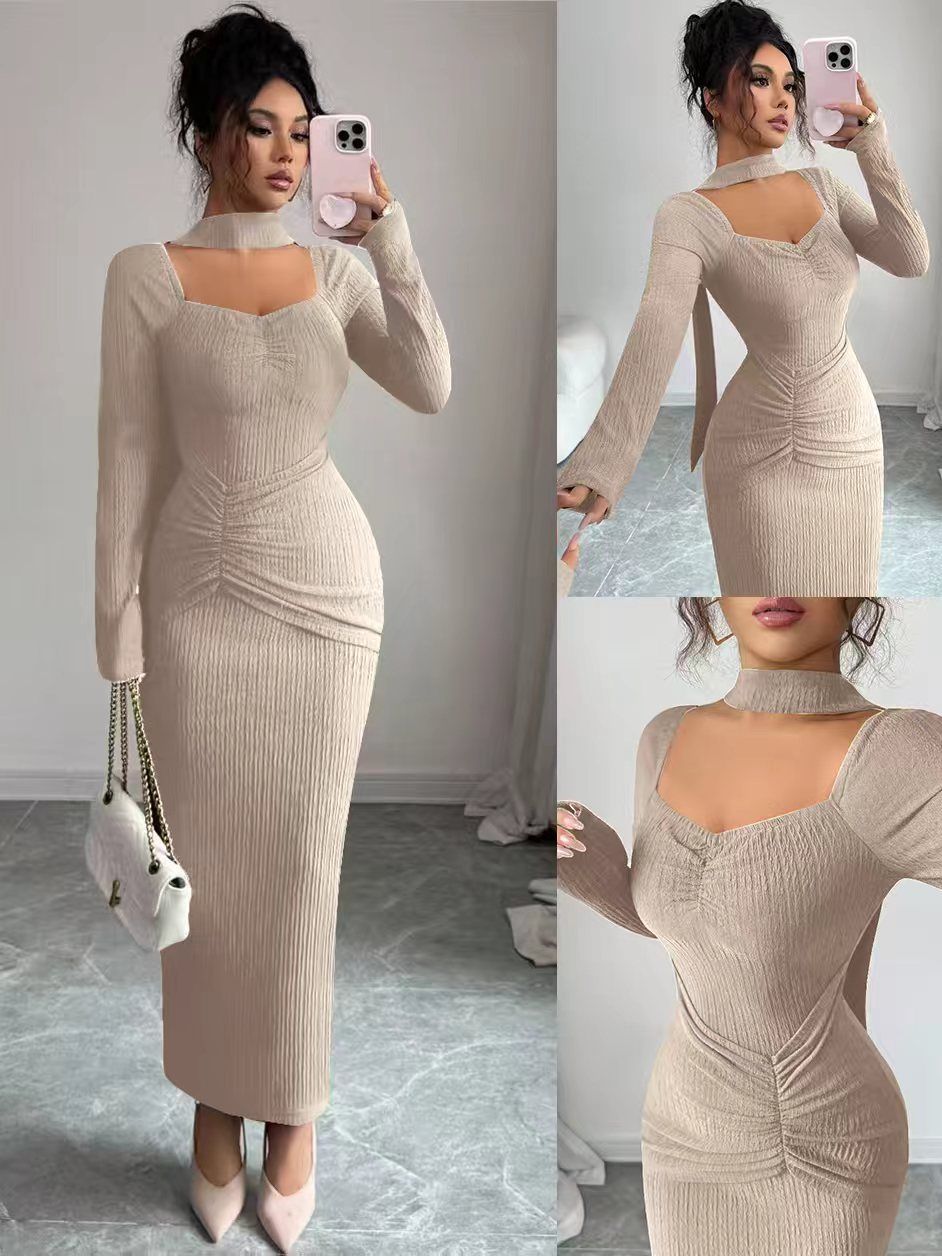 2025 Women's Retro Elegant High-End Knitted Texture Evening Gown Neckline Design Pleated Slim Fit Figure Exquisite Dress_ecoleips.com