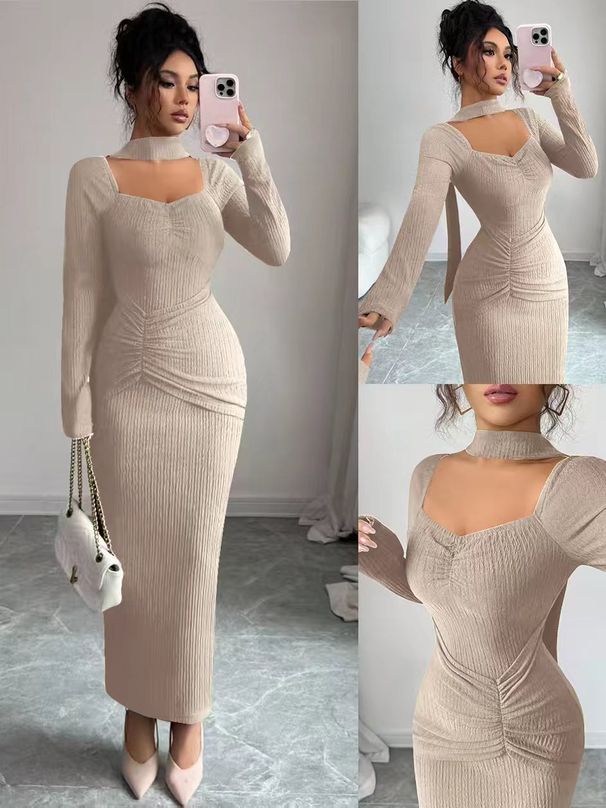 2025 Women's Retro Elegant High-End Knitted Texture Evening Gown Neckline Design Pleated Slim Fit Figure Exquisite Dress_ecoleips.com