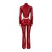 Women's Stylish Faux Leather Jacket & Flared Pants Set - Stretch Polyester Blend, Zipper Detail, Slim Fit Two-Piece Outfit (Black, Burgundy)_ecoleips.com