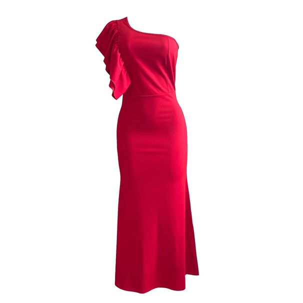 C8427 Cross-Border Women's High-Waisted Asymmetrical Shoulder Slimming Elegant Commuter Solid Color Long European And_ecoleips.com