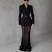 Women's Clothing American Style Long Sleeve Satin Top With Stretch Mesh Skirt Two-Piece Set Thin Polyester Spring/Autumn Summer_ecoleips.com