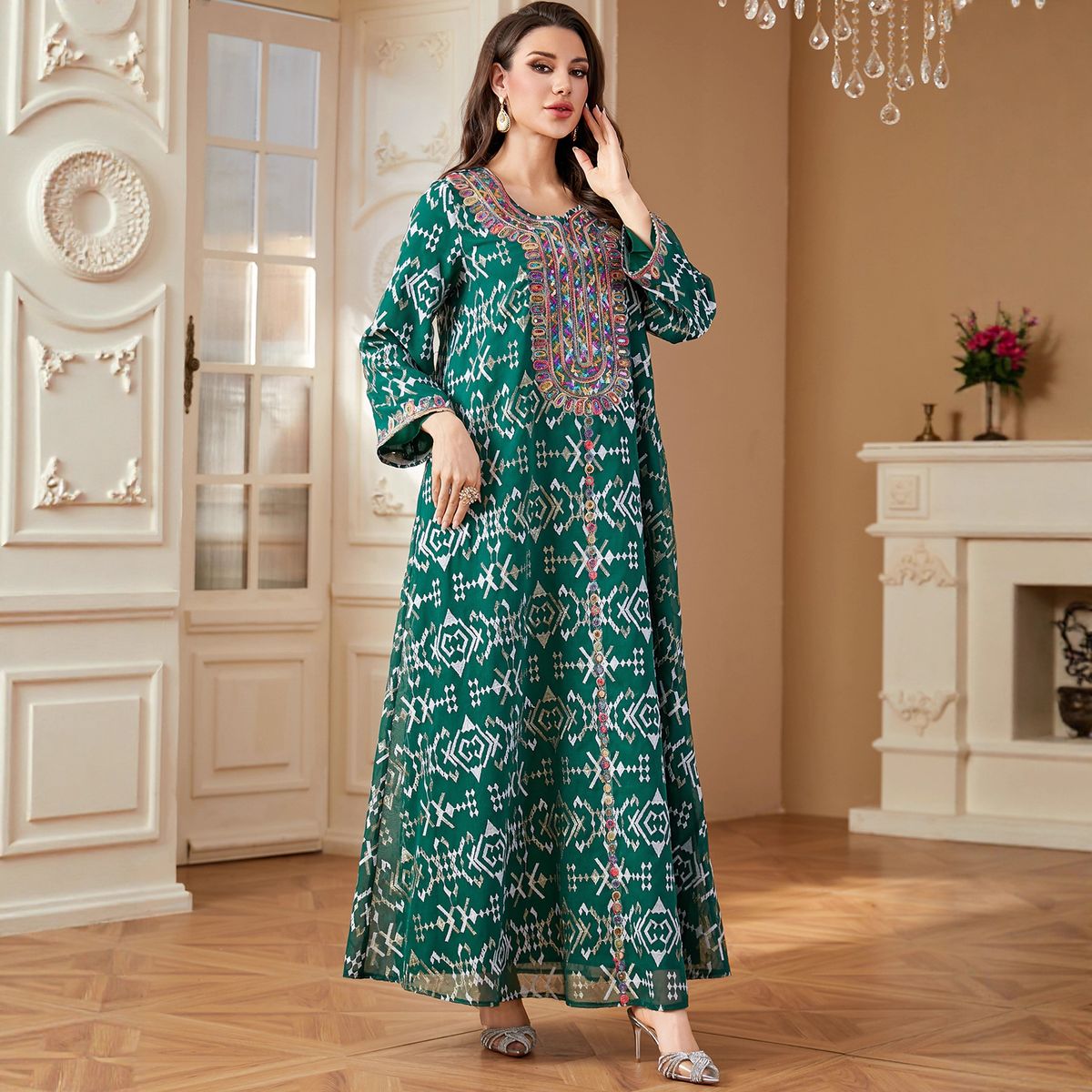 Muslim Dress Women"Elegant Embroidered Abaya Dress – Modest Long Robe For Women, Lightweight Polyester Arabic Style Islamic Dress_ecoleips.com