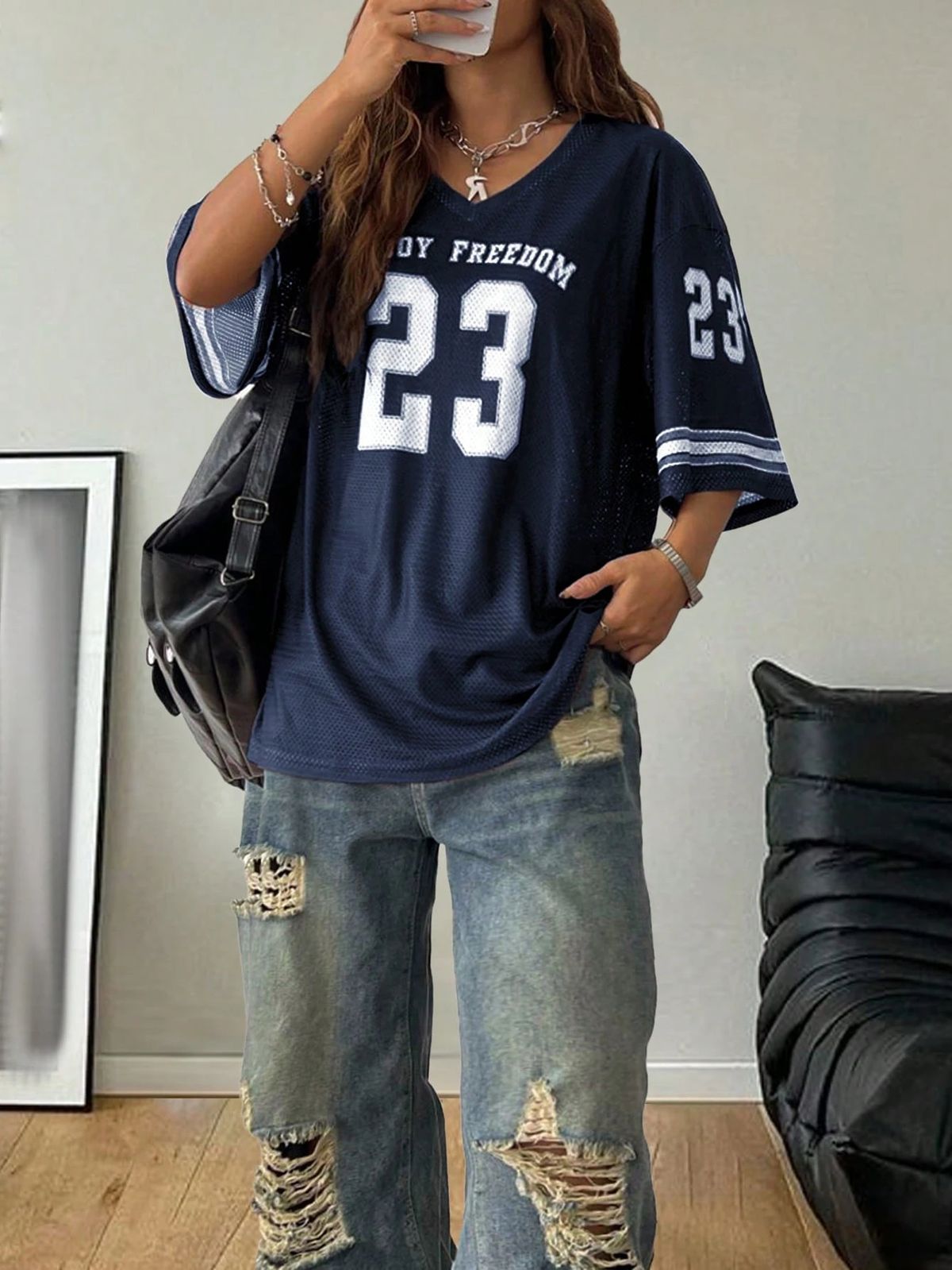 New Hot Women Los Angeles Jerseys Coolane Summer Drop Shoulder Oversized Football Jersey Tee With Letter Print Couple Same Style_ecoleips.com