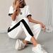 Women's Casual Sporty Two-Piece Set Short Sleeve Top Comfortable Pants Black White S XL_ecoleips.com
