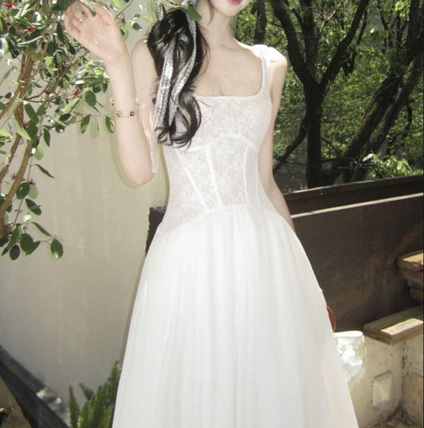 Lace Square Neck Fishtail Dress Women's Slimming A-Line Double Version Elegant Attractive_ecoleips.com