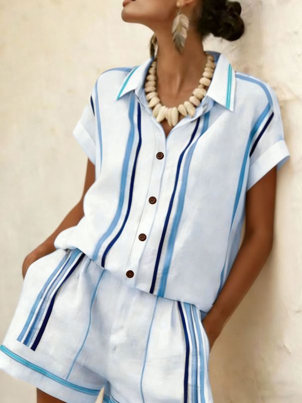 Summer Women's Clothing Set American Style Color Block Short Sleeve Collared Shirt And Shorts_ecoleips.com
