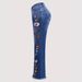 Cross-border, Vintage Dark Blue, Embroidered Jeans Women, Mid-high Waist, Extended Length, Floor-length Flared Pants For_ecoleips.com