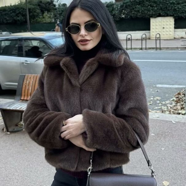 Women's Clothing Faux Fur Coat Women's Fashion Short Jacket - Soft Mink-Like Plush, Elegant Lapel, Streetwear Chic (XS/S/M/L, Coffee Brown)_ecoleips.com