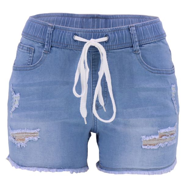 Women's Clothing Elastic Drawstring High Waist Slim Ripped Washed Women's Jeans_ecoleips.com
