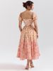 Printed Gradient Pleated Midi Dress Women Short Sleeve Slim Square Collar Belts A-line Vacation Dresses Backless Summer Robe_ecoleips.com