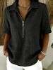 Women's Linen-Blend Zip-Front Mid-Sleeve Shirt, Summer Casual Solid Color Lapel Shirt For A Stylish Relaxed Look_ecoleips.com