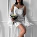 White Feather Satin Camisole Nightdress Long Sleeve Robe Pajamas Two-Piece Set European And American Autumn_ecoleips.com