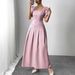 Women's Elegant Long Summer Dress With Waist Slimming Square Neck Puff Sleeves Simple European American Style_ecoleips.com