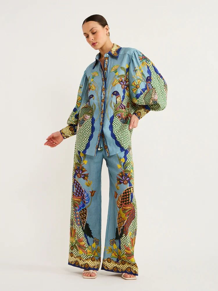 Women's Fashion Personality Printed Puff Sleeve Suit Leisure Tie Rope Holiday_ecoleips.com