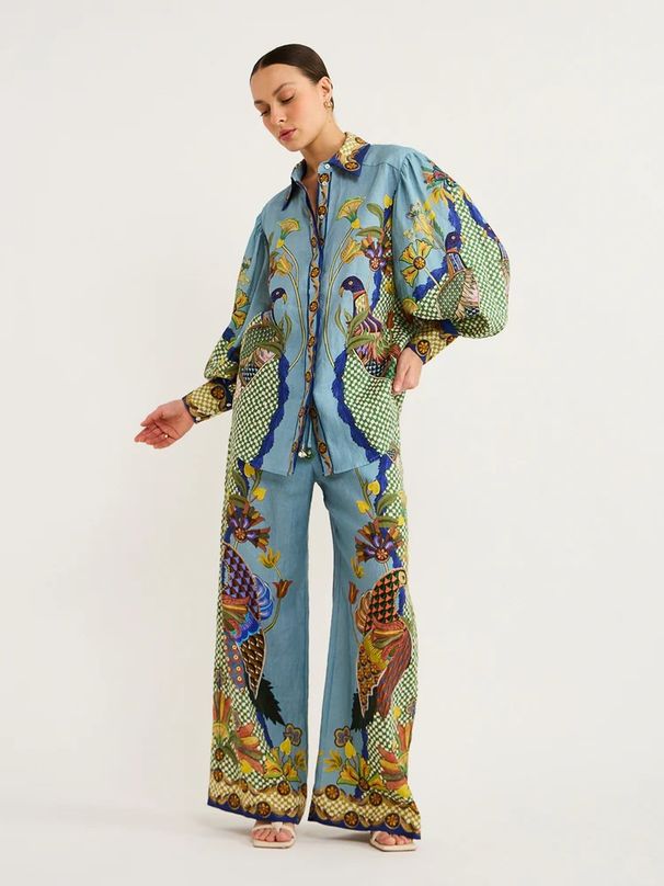 Women's Fashion Personality Printed Puff Sleeve Suit Leisure Tie Rope Holiday_ecoleips.com