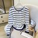Women's Slim Fit Layered Mock Two-Piece Shirt Knit Top with Detachable Drawstring Casual Office Wear Stripe Design_ecoleips.com