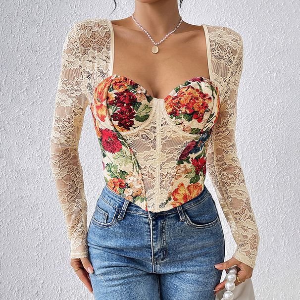 French Retro Fishbone Cross Square Neck Top For Women Long Sleeve Printed Lace Patchwork Sexy Innerwear Hot Girl_ecoleips.com