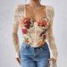French Retro Fishbone Cross Square Neck Top For Women Long Sleeve Printed Lace Patchwork Sexy Innerwear Hot Girl_ecoleips.com
