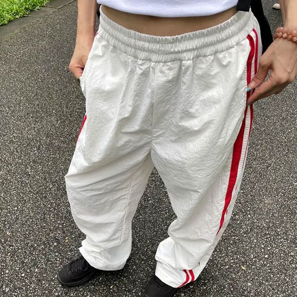 Retro Color Blocked Casual Straight Leg Pants Spring Summer INS Style Striped Patchwork Wide Leg Loose Fitting Sporty Long Pants_ecoleips.com