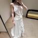 French Vacation Style V-Neck Halter Ruffle Dress Chiffon 3D Flower Backless Sexy Evening Gown For Women_ecoleips.com