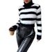 Women's Clothing High Neck Striped Sweater Knit Top Fashionable & Cozy Slim Fit Pullover For Streetwear & Casual Outfits (Black & White Contrast)_ecoleips.com