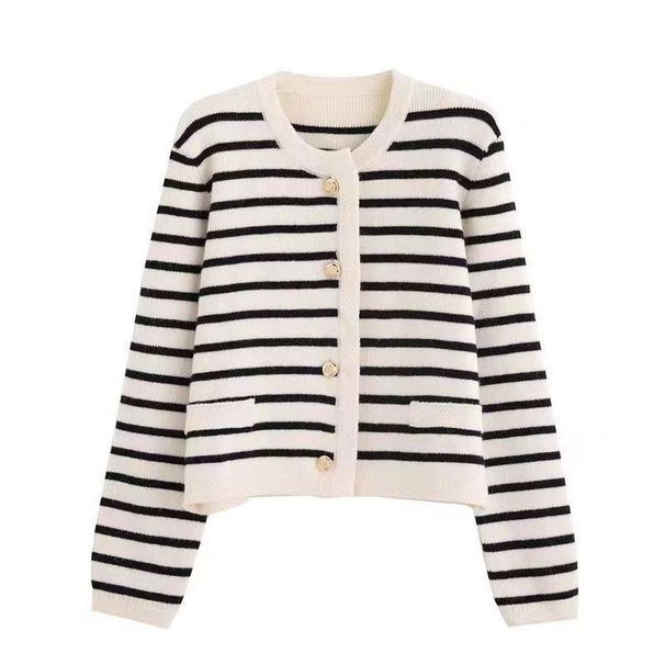 K Gold Button Contrasting Striped Round Neck Small Fragrant Style Knitted Cardigan For Women, Loose Short Style, Outer Sweater Jacket_ecoleips.com