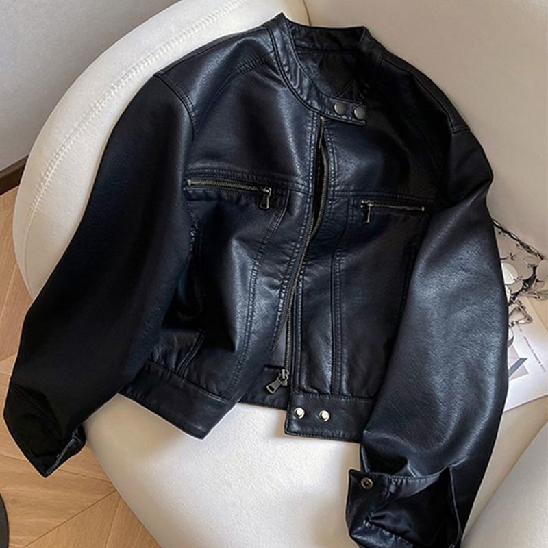 Women's Short Biker Jacket Faux Leather Cropped Jacket Stand Collar Stylish Outerwear For Spring & Fall_ecoleips.com