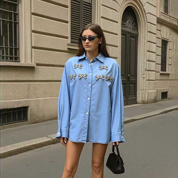 Luxury European Style Embroidered Beaded Blouse for Women with Bow And Crystal Buttons Long Sleeve Oversized Fit Elegant Dress Shirt_ecoleips.com