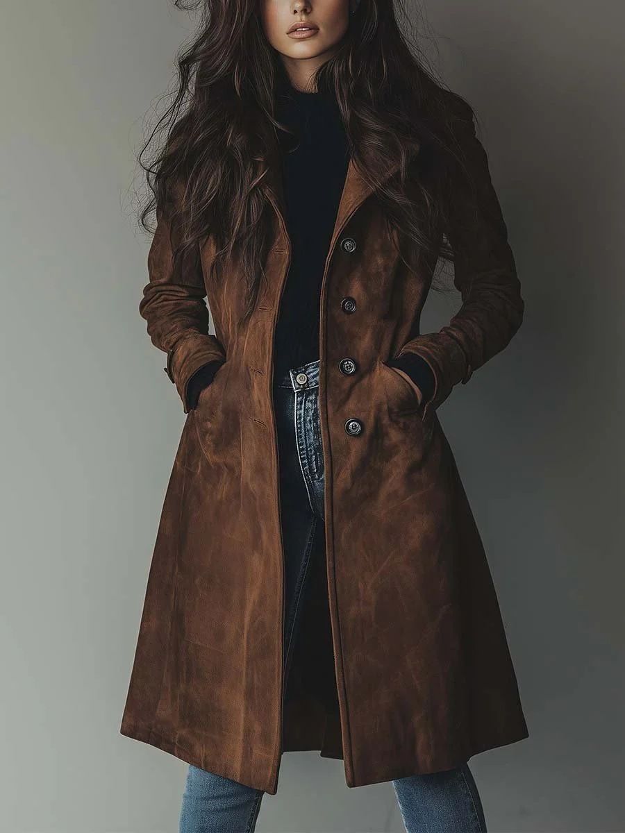 Western-Style Suede Trench Coat For Women – Long Lapel Duster Jacket (Timeless Vintage, All-Season Layering Essential)_ecoleips.com