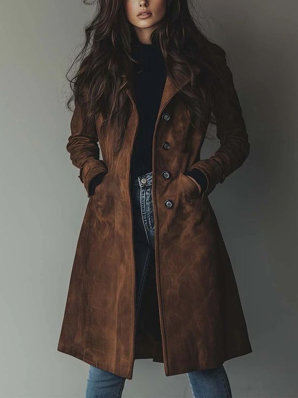 Western-Style Suede Trench Coat For Women – Long Lapel Duster Jacket (Timeless Vintage, All-Season Layering Essential)_ecoleips.com