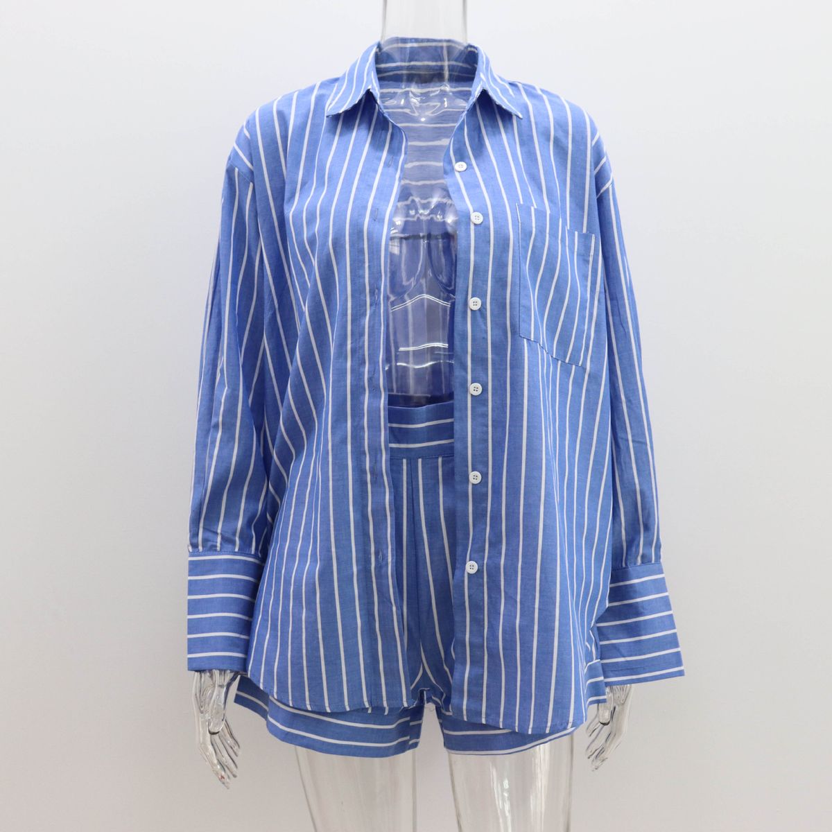 Women's Clothing Pure Cotton Shirt Shorts Two Piece Suit Summer New Striped Shirt Long Sleeved Loose Casual Suit_ecoleips.com