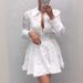 White Women's Lace Shirt And Skirt Set Button Collar Hollowed Out Cross Border Style European American Dress_ecoleips.com