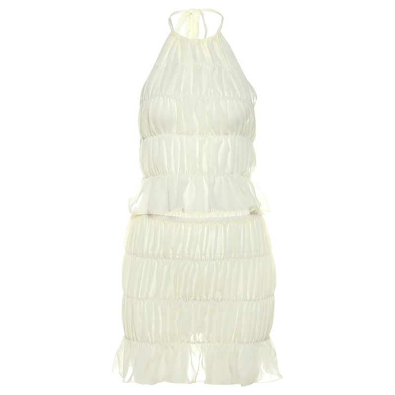 2025 Winter New Women's Fashion Sexy Pleated Halter Backless Slim Vest Short Skirt Set_ecoleips.com