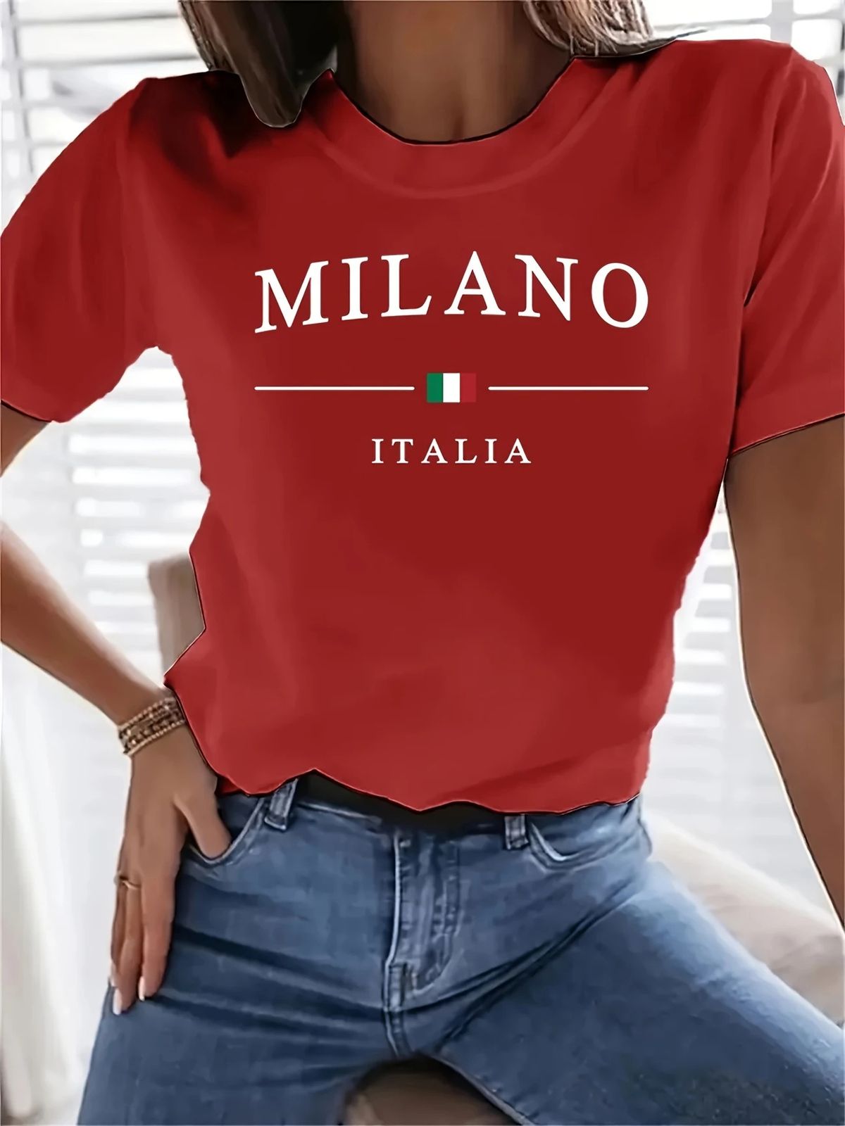 Women's Casual Letter Print T-Shirt – Soft Polyester, Loose Fit, Short Sleeve, Summer Essential (Sky Blue/Black/Red)_ecoleips.com