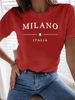 Women's Casual Letter Print T-Shirt – Soft Polyester, Loose Fit, Short Sleeve, Summer Essential (Sky Blue/Black/Red)_ecoleips.com