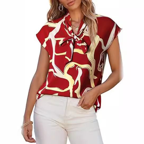 2025 Women's Summer Printed Casual Shirt Top With Bowknot V-Neck Short Sleeve_ecoleips.com