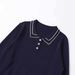 Fashion Versatile Lace Collar Navy Blue Long-sleeved Knitted Sweater_ecoleips.com