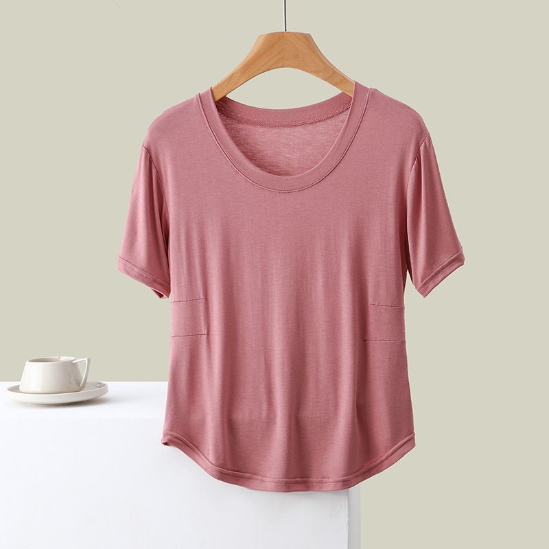 Modal Short-sleeved T-shirt Women's Summer New Korean Version Round Neck Slim-fitting Round Arc Pleated Top With Women's Bottoming Shirt_ecoleips.com
