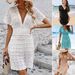Women's Clothing Deep V Neck Beach Skirt Women's Clothing Wave Pattern Hollow Beach Skirt Elastic Waist Beach Blouse X5967_ecoleips.com