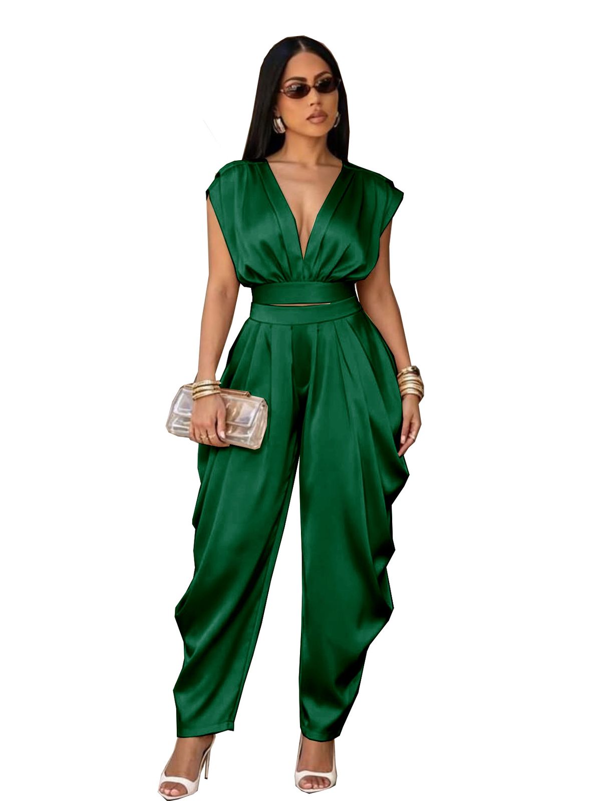 TW897 Elegant Women's Summer Commuter Set Deep V Neck Tie Waist Slim Fit Solid Color European American Style High End Two Piece Outfit_ecoleips.com