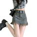 Women's High-Waisted Denim Midi Skirt with Frayed Edges And Tassels Trendy Retro A-Line Bodycon Flattering Mini Skirt_ecoleips.com